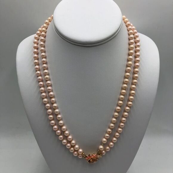 Vintage Vendone Women's Flower Clasp Pink Faux Pearl Double Strand Necklace - Picture 3 of 11